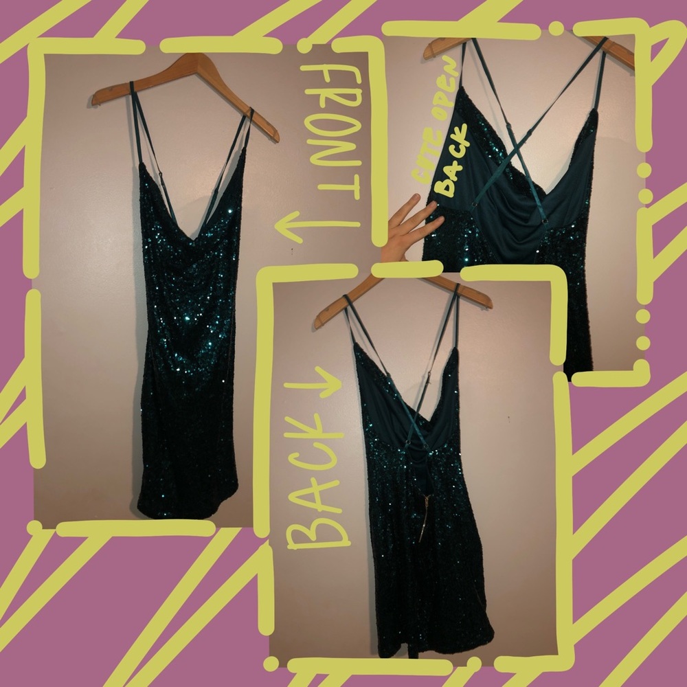 COWL NECK EMERALD GREEN SEQUIN OPEN BACK COCKTAIL DRESS